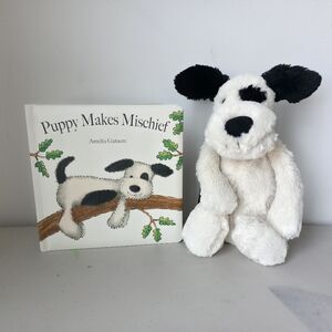 jellycat cream and black puppy plush and book